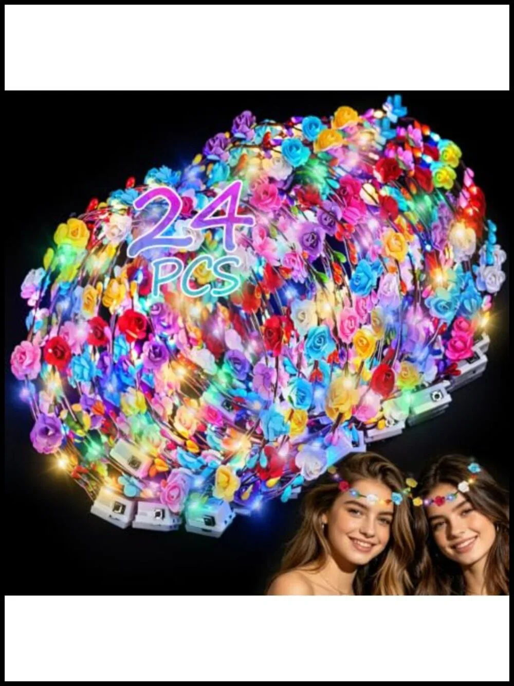 24 LED Flower Crown Headbands Glow in the Dark Party Supplies Bulk